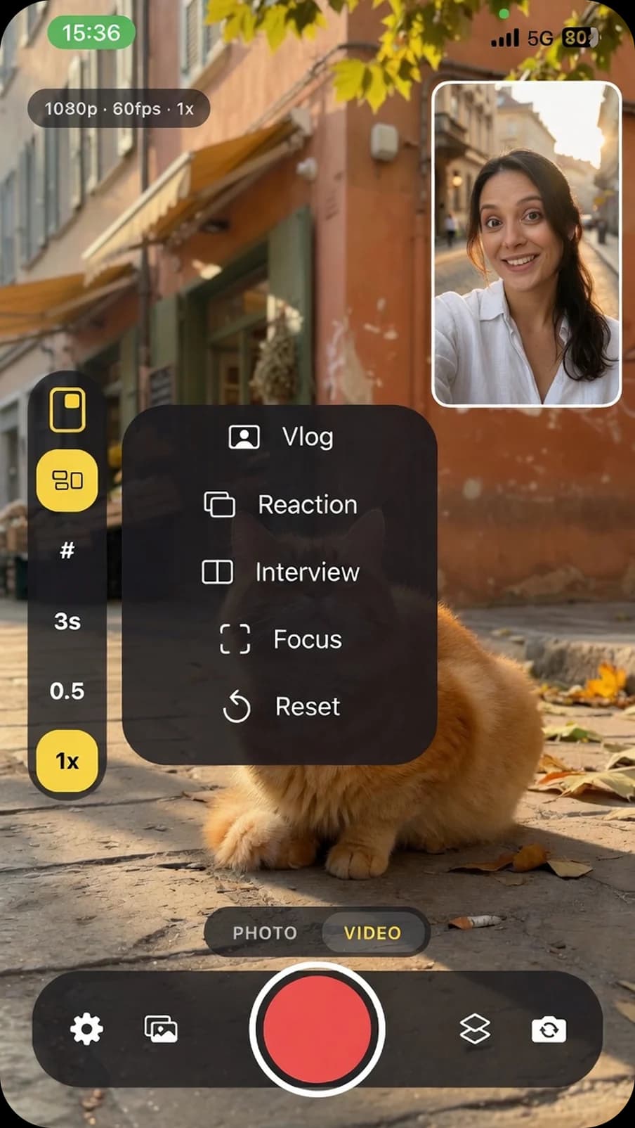 Orbicam layout menu with Vlog, Reaction, Interview, and Focus
